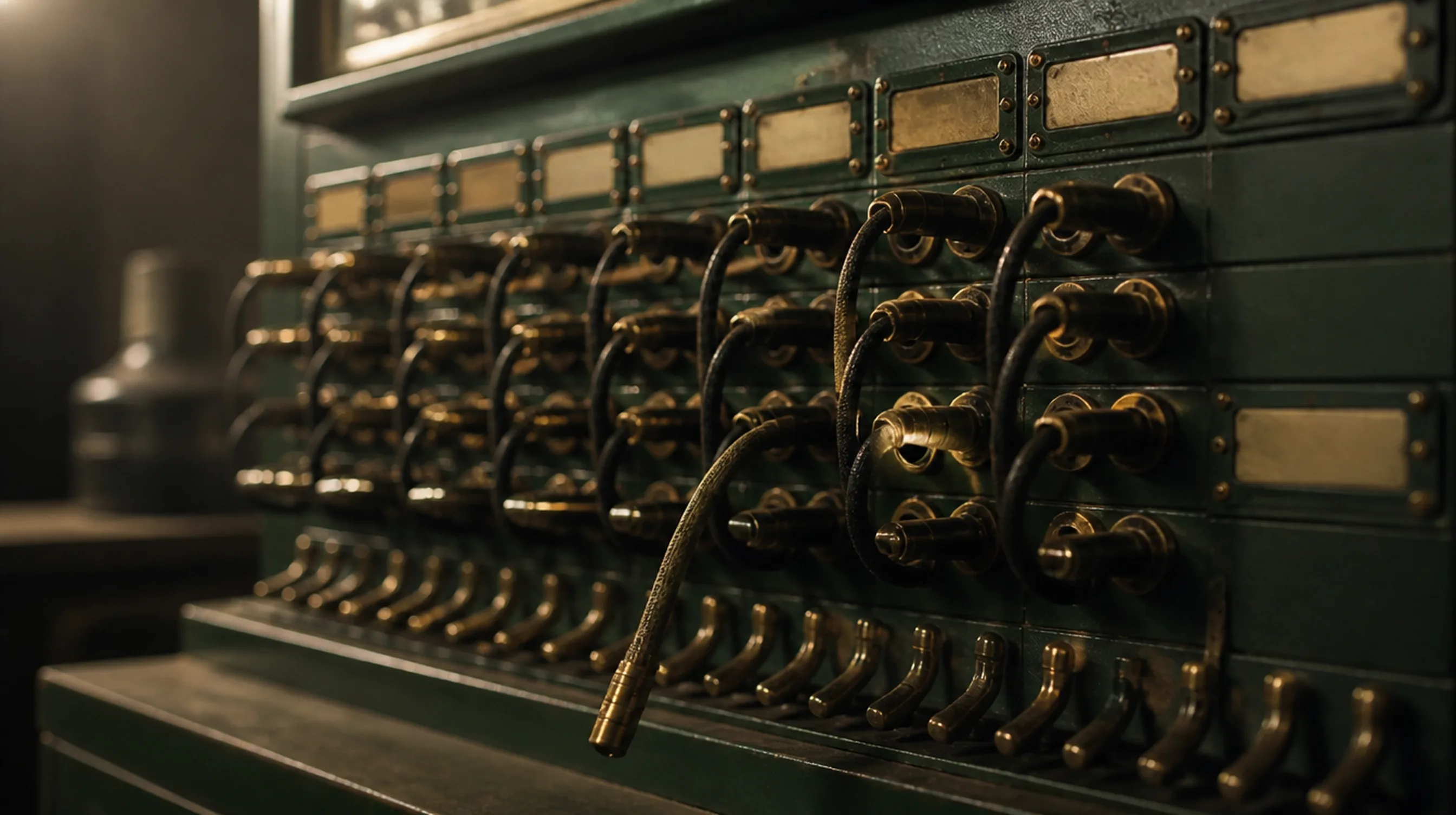 A vintage switchboard panel in evergreen enamel with brass jacks, every socket patched except one cable hanging unplugged.