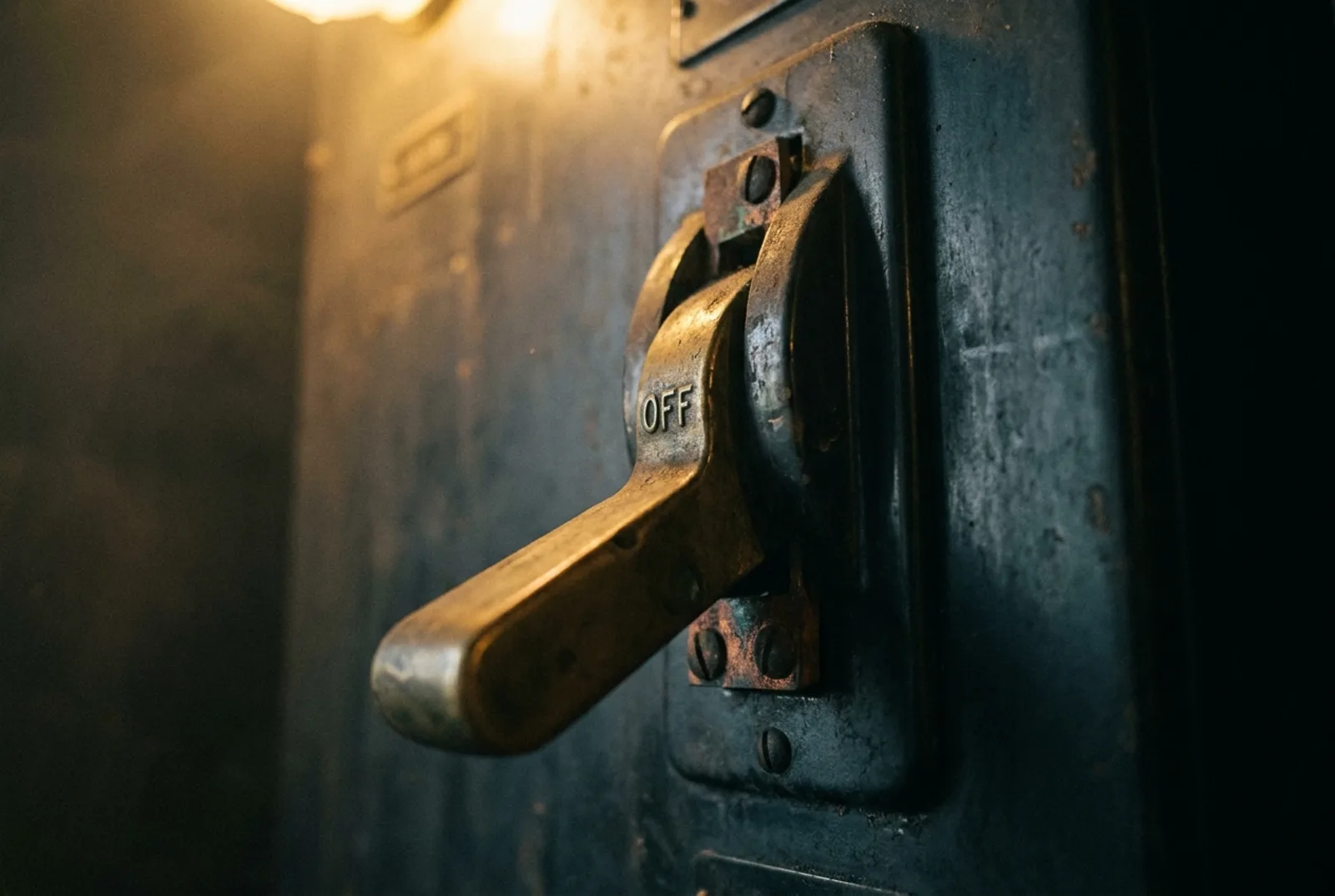 A heavy brass knife switch in the off position on a dark industrial panel.